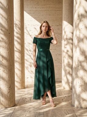 BeryLove Dark Green Sequin Lace Chiffon Ruffle Formal Cocktail Dress Small NWT